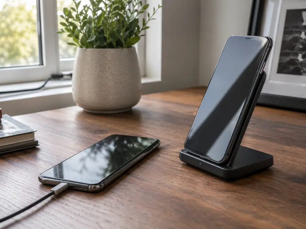 مقارنة بين شحن سلكي سريع وشحن لاسلكي حديث مع تموضع صحيح